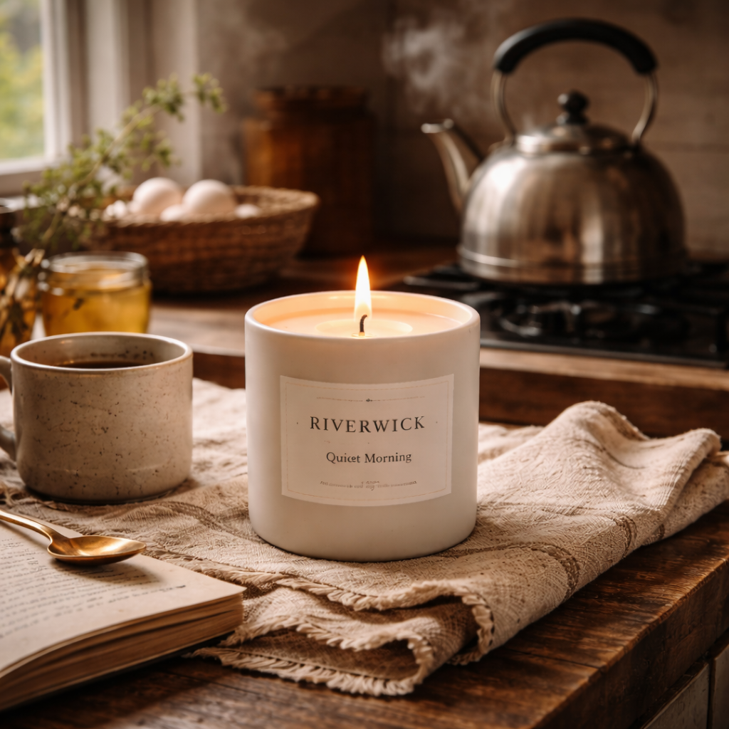 Riverwick Quiet Morning scented candle in a cosy kitchen with steaming kettle, wooden worktop and morning window light.