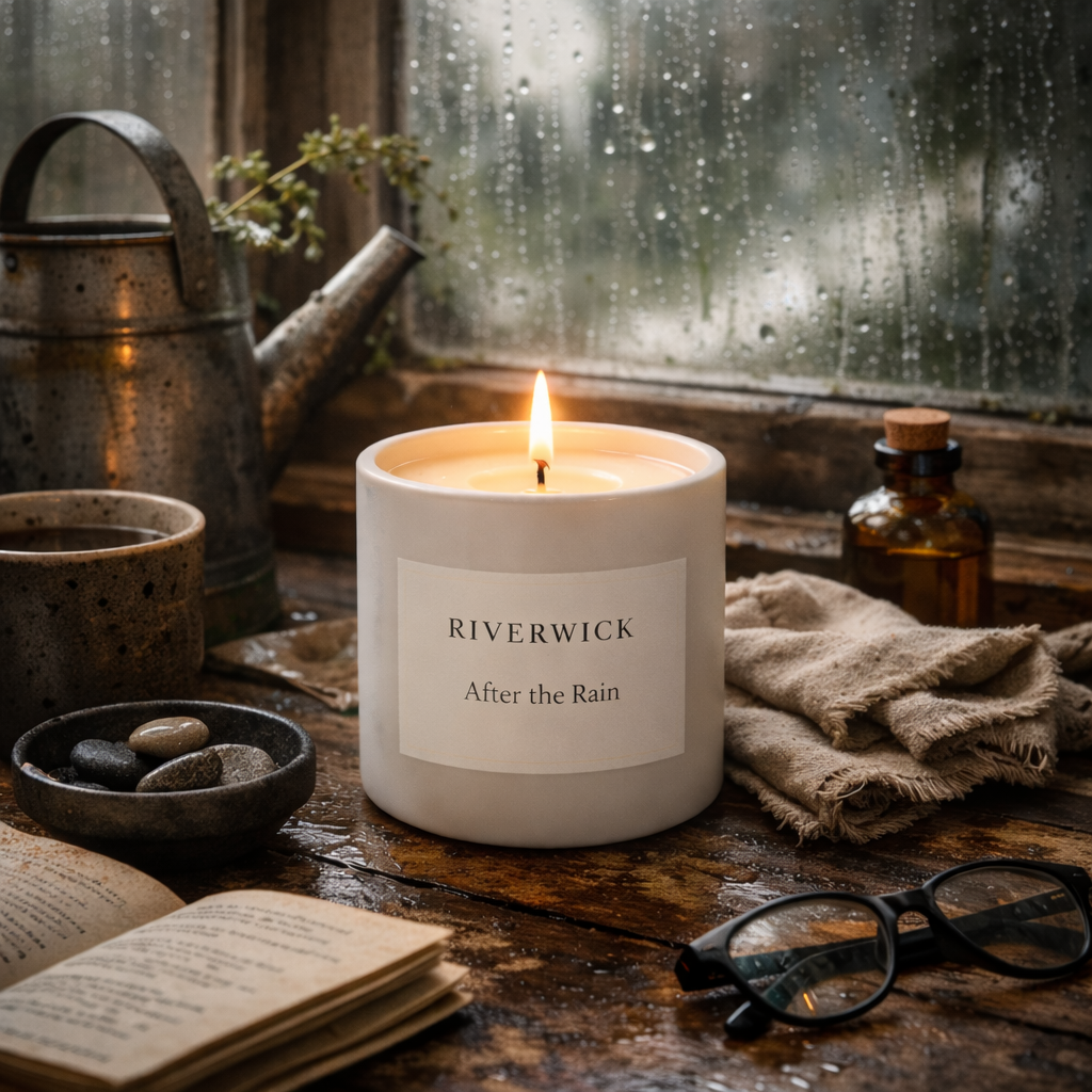 After the Rain” candle with a simple cream label burning on a rustic wooden table beside a rain-covered window, surrounded by natural, cosy objects including a ceramic mug, glass bottle, folded linen cloth, and small stones, creating a calm post-rain atmosphere.