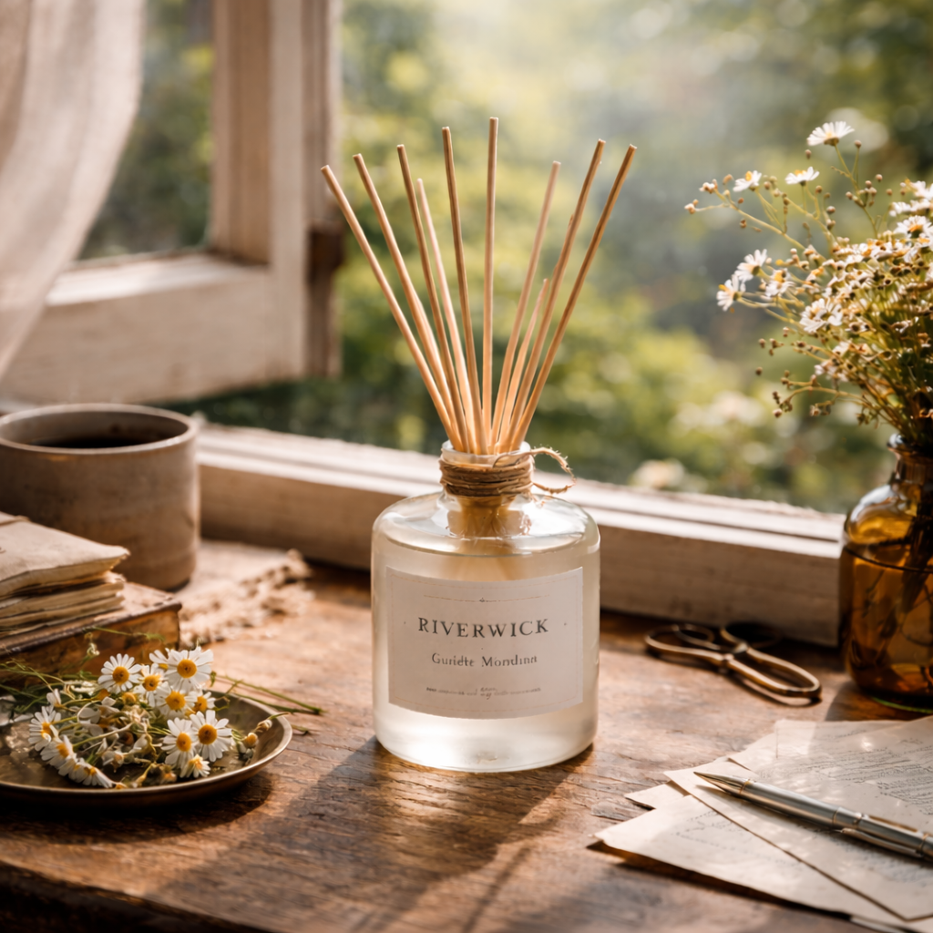 Riverwick Quiet Morning reed diffuser on a sunlit windowsill with fresh chamomile flowers and soft morning light.