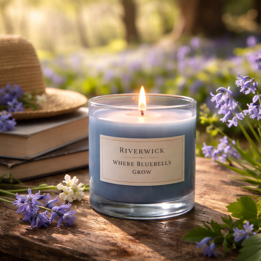 Riverwick Where Bluebells Grow candle in a blue glass jar on a wooden surface surrounded by bluebells in soft spring sunlight.