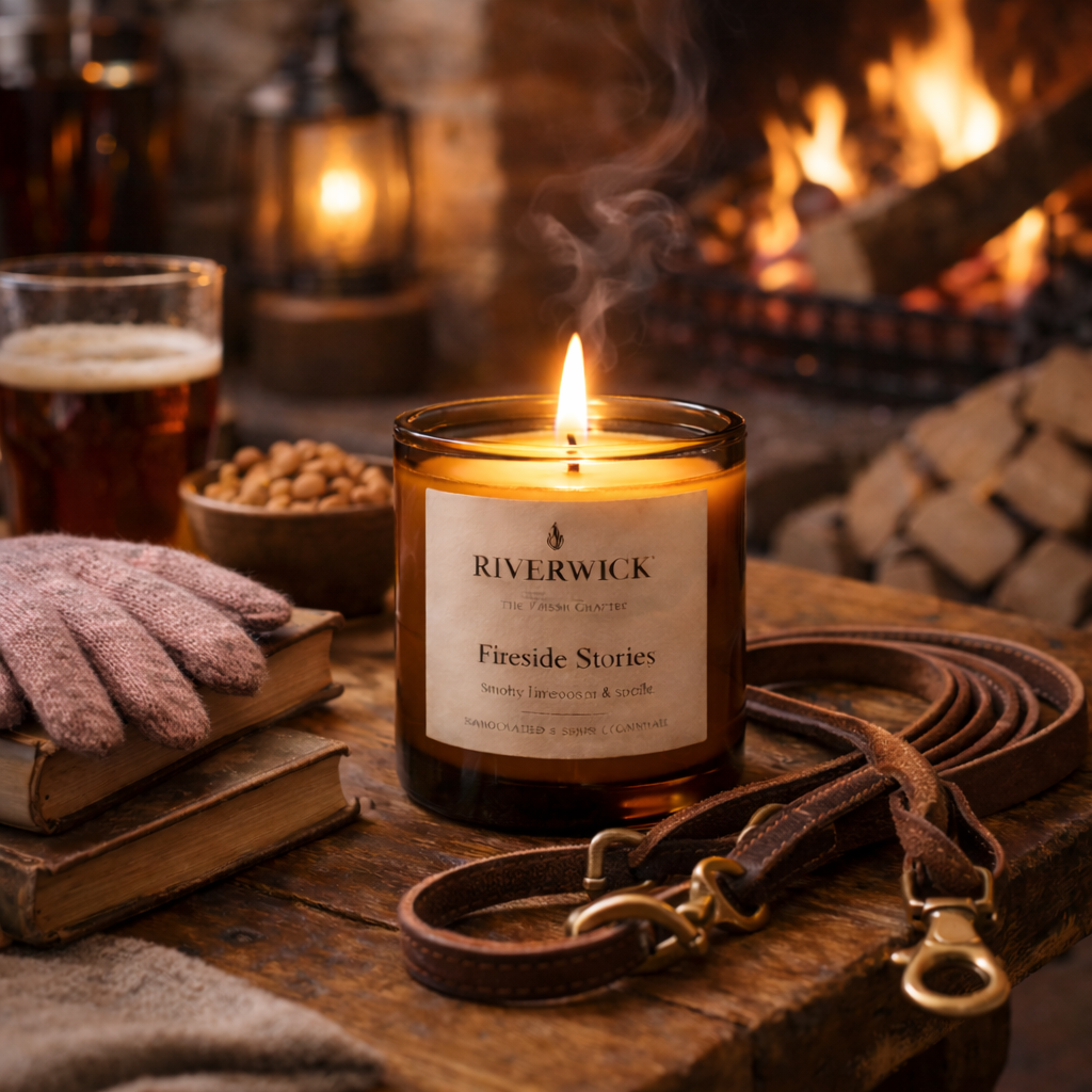 Riverwick Fireside Stories candle in an amber glass jar on a rustic wooden pub table beside a leather dog lead and pink wool gloves, with a pint, books and a glowing fireplace in the background