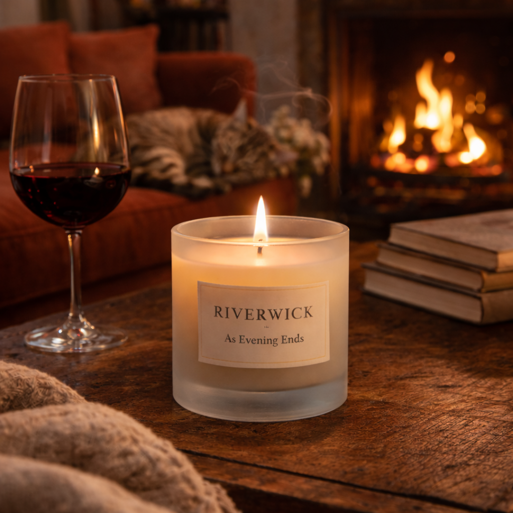 Riverwick “As Evening Ends” candle glowing on a rustic wooden coffee table beside a glass of red wine, with a sleeping cat curled up on a rich-coloured sofa and a lit fireplace creating a warm, cosy evening atmosphere in the background.