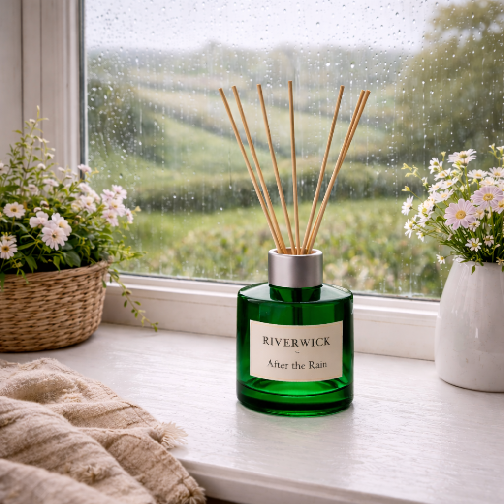 Riverwick “After the Rain” reed diffuser in a deep green glass bottle with natural reeds, sitting on a white windowsill beside flowers and soft linen, with rain falling outside over green countryside fields.