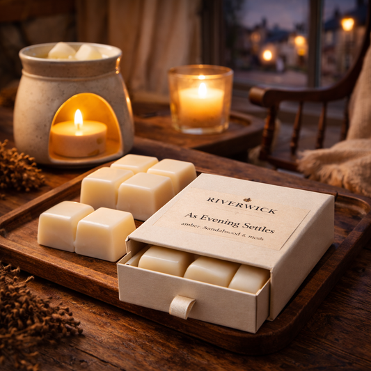 Riverwick As Evening Settles wax melts on a wooden tray beside a ceramic wax warmer, with a bone coloured drawer box and a rocking chair near a window showing a village street at dusk.
